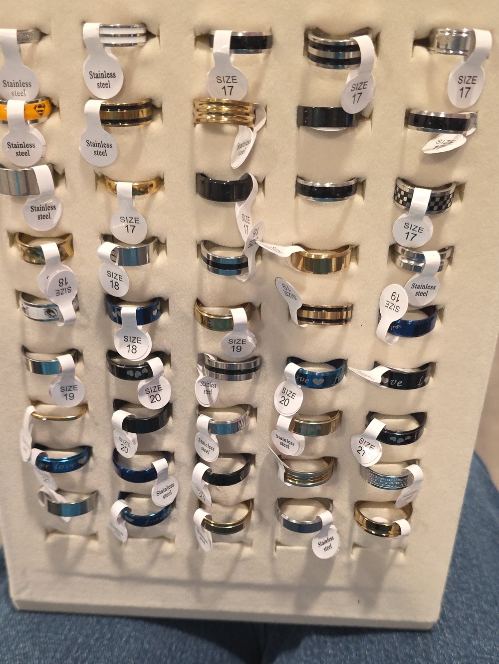 45 Stainless Steel Multi-Color Fashion Rings with a Stand Up Ring Display